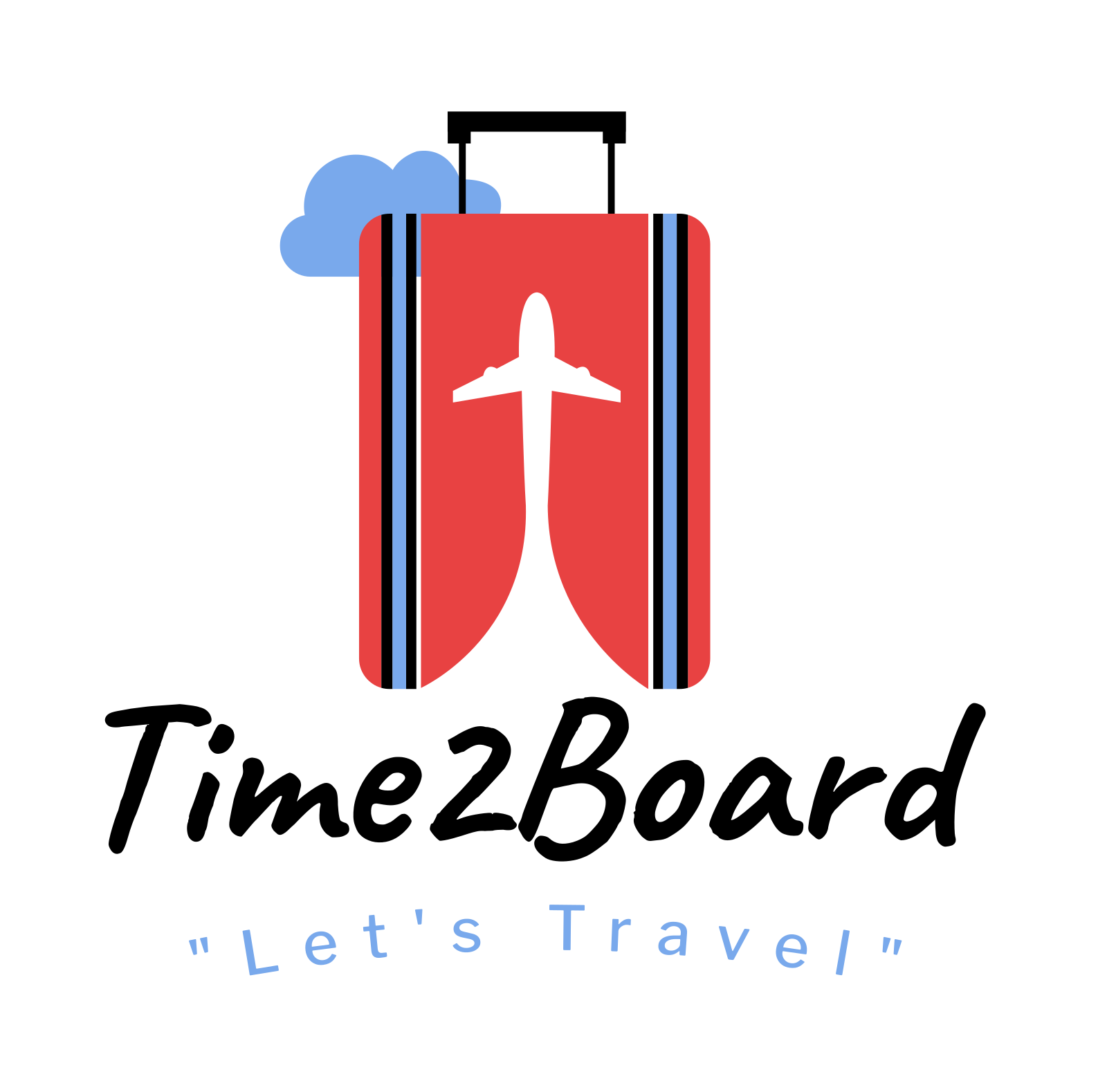 Stylized Time2Board Travel company logo showing a red suitcase opening to reveal an airplane silhouette, with a cloud above and the words “Let’s Travel” below.